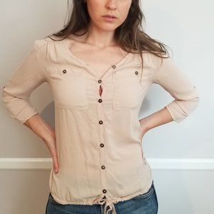 Cinch Waist Button Down Blouse with Chest Pockets